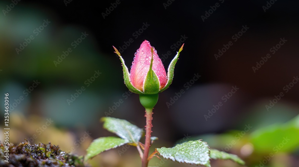 Dew-kissed rosebud blooming, garden background, nature photography Dew-kissed rosebud blooming, garden background, nature photography