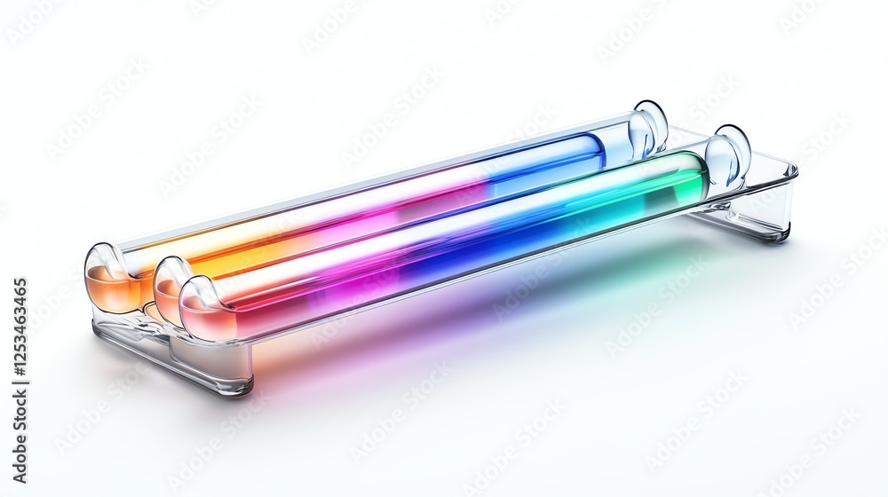 a test tube rack with glowing nanomedicine solutions, biotech innovation, vibrant hues, isolated on white background a test tube rack with glowing nanomedicine solutions, biotech innovation, vibrant hues, isolated on white background