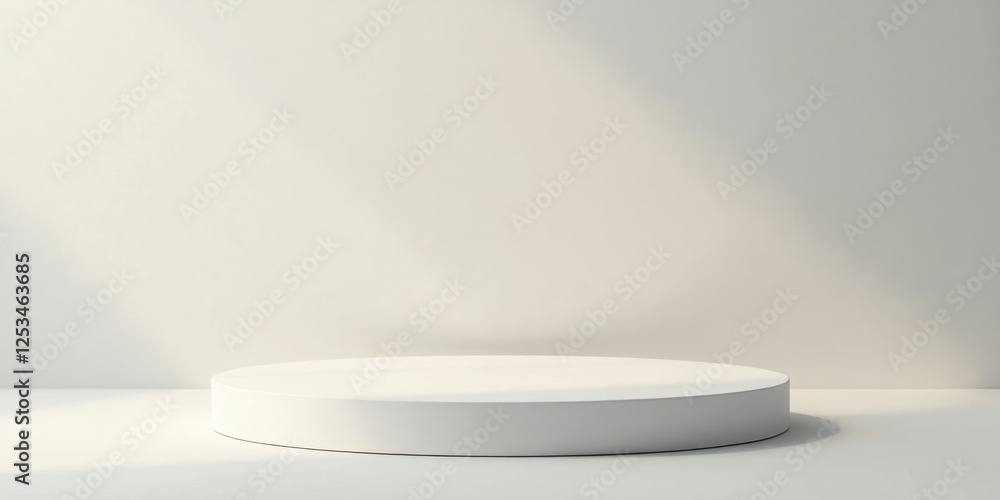 A Minimalist White Circular Platform Display in Soft Lighting Against a Neutral Background for Product Presentation or Mockup Design A Minimalist White Circular Platform Display in Soft Lighting Against a Neutral Background for Product Presentation or Mockup Design