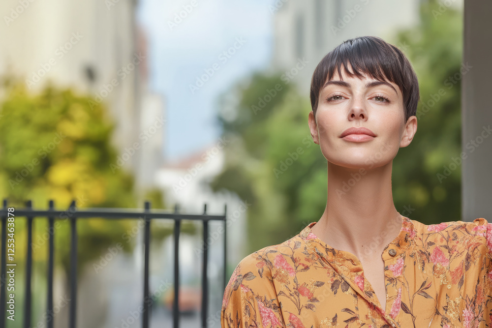 Woman with short hair wearing floral shirt stands confidently in urban setting Woman with short hair wearing floral shirt stands confidently in urban setting