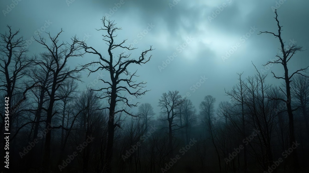 Obraz premium Mysterious and eerie dark forest with tall trees and foggy atmosphere, perfect for Halloween or horror themes, vertical, eerie, trees