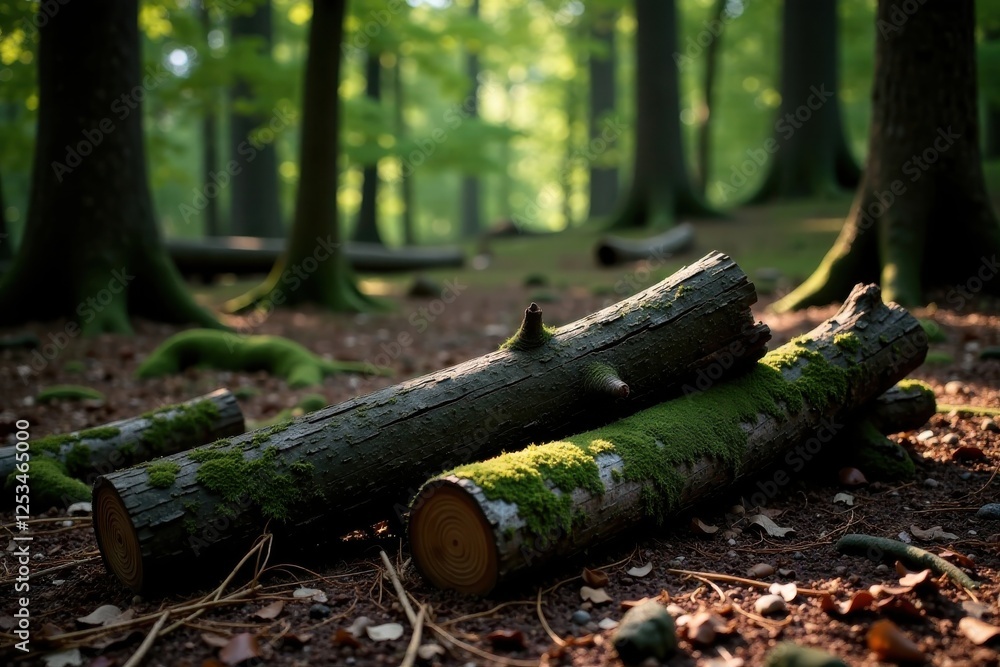 Sunlit Mossy Logs in a Tranquil Forest Scene Sunlit Mossy Logs in a Tranquil Forest Scene