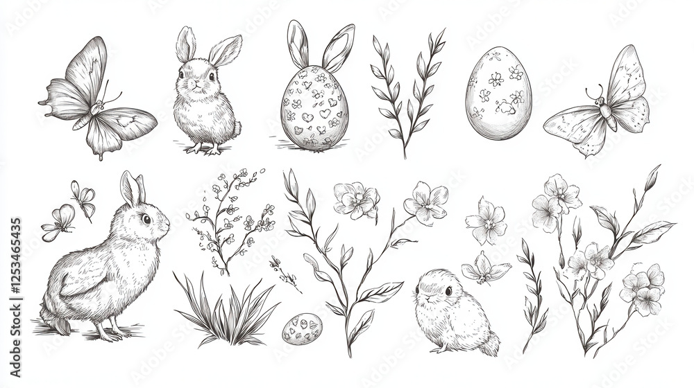 Fototapeta premium Collection of cute Easter doodle animals for kids’ cards and decorations