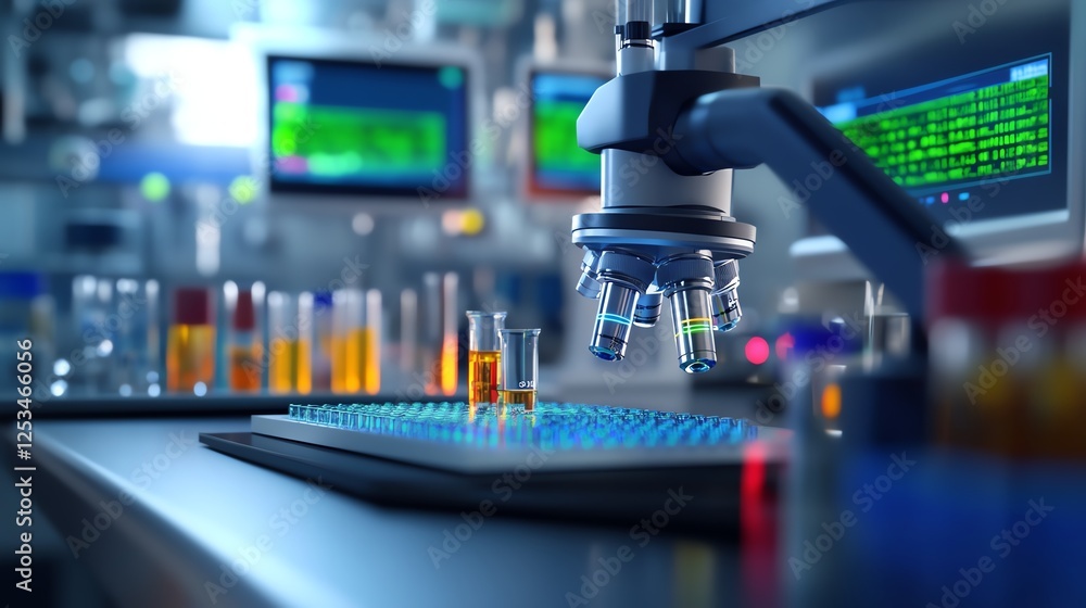 Fototapeta premium AIenhanced laboratory, microscope analyzing DNA sequences, 3D illustration