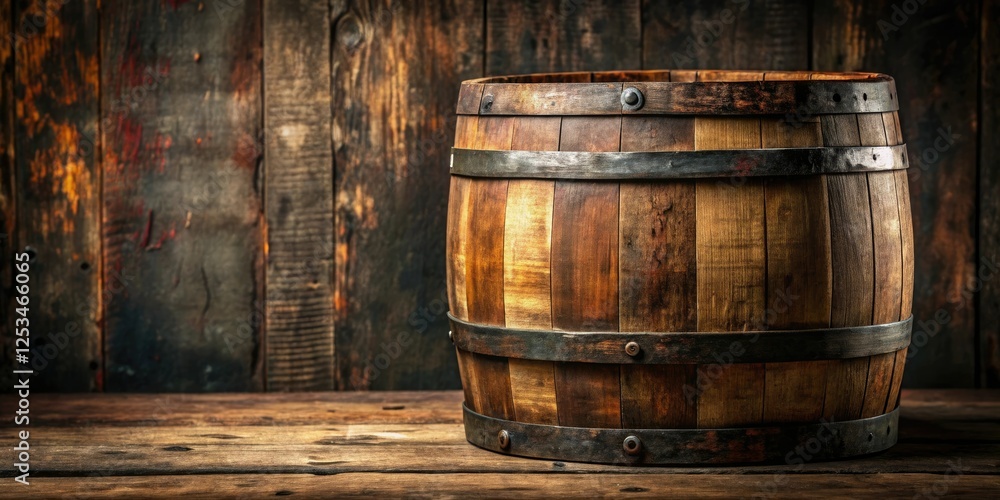 Old oak wine barrel with a weathered wooden surface and rusty metal bands, vintage, vineyard, fermentation Old oak wine barrel with a weathered wooden surface and rusty metal bands, vintage, vineyard, fermentation