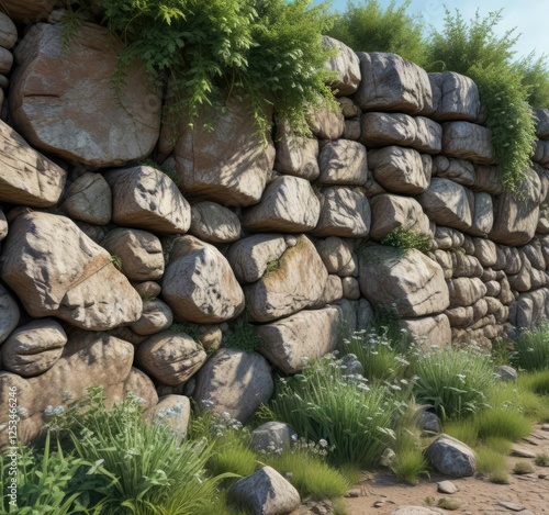 Old stone wall with a rugged texture and overgrown vegetation, untamed, textured, stone photo