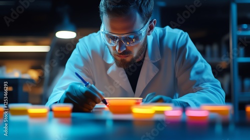 Chemist working with bioluminescent liquid samples, glowing in different neon colors under UV light photo