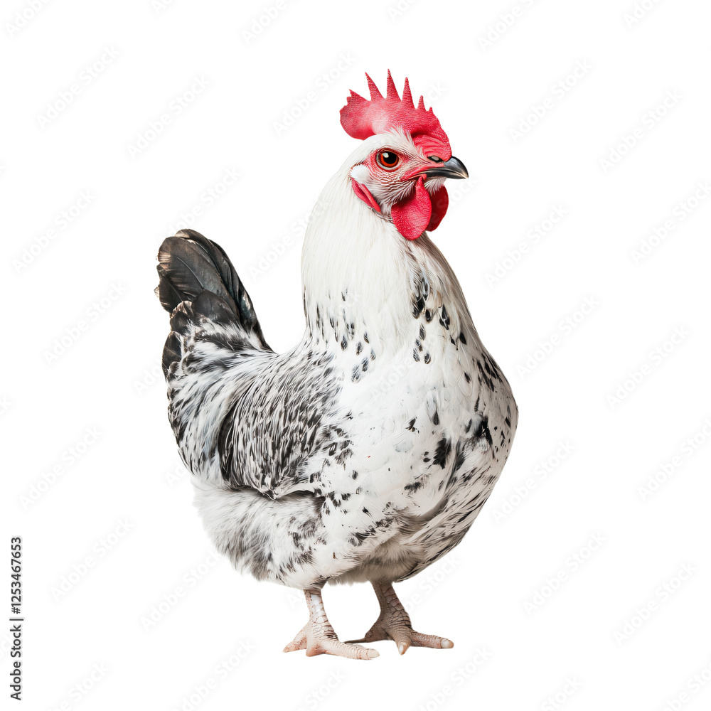 Fototapeta premium a chicken with a red comb standing on a white surface