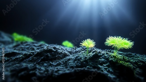 Deepsea bioluminescent organisms under scientific observation, glowing in an alienlike underwater environment photo