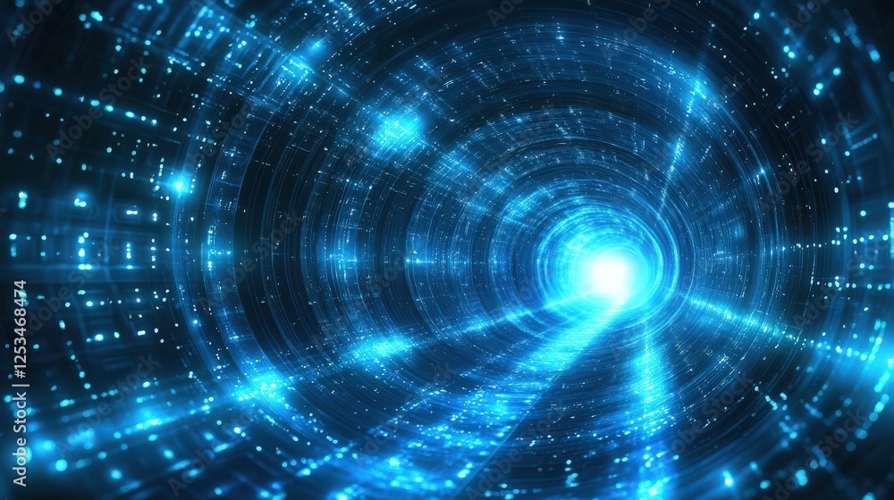 Obraz premium Abstract blue tunnel with glowing lights and hexagonal patterns in futuristic design