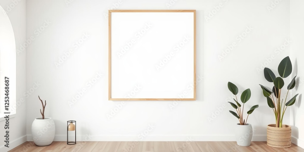Minimalist wooden poster frame on cream wall in Mediterranean villa apartment, chic, villa Minimalist wooden poster frame on cream wall in Mediterranean villa apartment, chic, villa