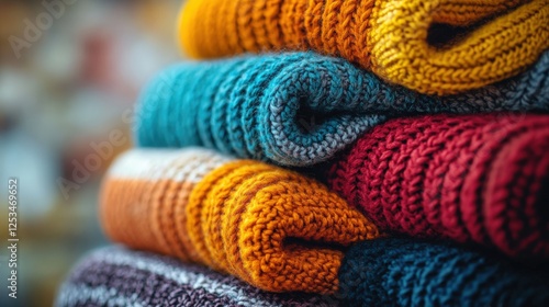 Colorful knitted sweaters stacked together showing various styles and textures of wool garments