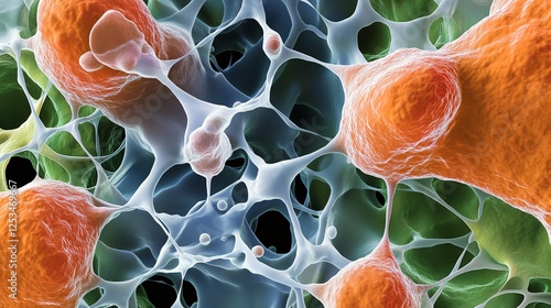 Highresolution microscopic image of pharmaceutical nanoparticles interacting with human cells photo