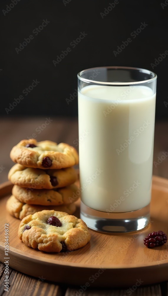 Glass of milk, raisin cookies, wooden serving tray, comfort, dairy, cozy Glass of milk, raisin cookies, wooden serving tray, comfort, dairy, cozy