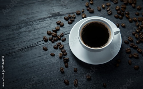 Aesthetic black coffee in a white cup with scattered coffee beans on a dark wooden surface for modern cafe and beverage themes photo