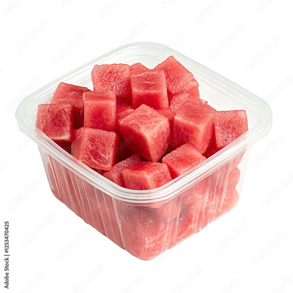 a plastic container filled with cubes of watermelon a plastic container filled with cubes of watermelon