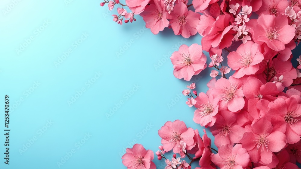 Fototapeta premium Pink cherry blossom flowers on blue background with copy space for text and design elements