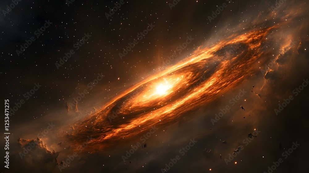 Fototapeta premium Fiery Cosmic Nebula Orange Spiral Galaxy Starry Night Space Background