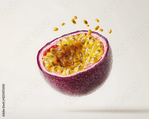 Passion Fruit Explosion: A halved passion fruit, bursting with its vibrant purple skin and juicy, golden seeds, floats against a subtle backdrop.