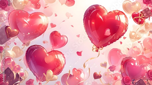 Romantic Valentine s Day Background Floating Heart Balloons Roses and Gifts photo