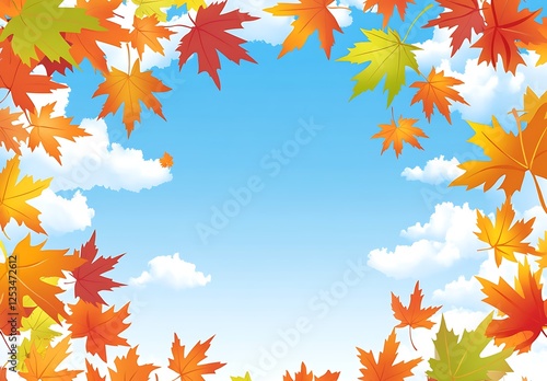 Autumn Leaf Frame: A vibrant frame of falling autumn leaves in rich hues of red, orange, yellow, and green against a backdrop of a clear blue sky and fluffy white clouds.
