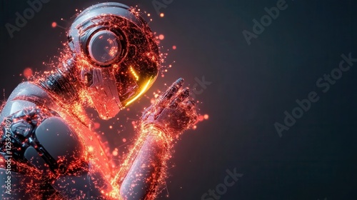 This dynamic image features a futuristic robot, adorned with glowing sparks and energy, capturing the essence of technology and innovation in a visually striking and imaginative manner. photo