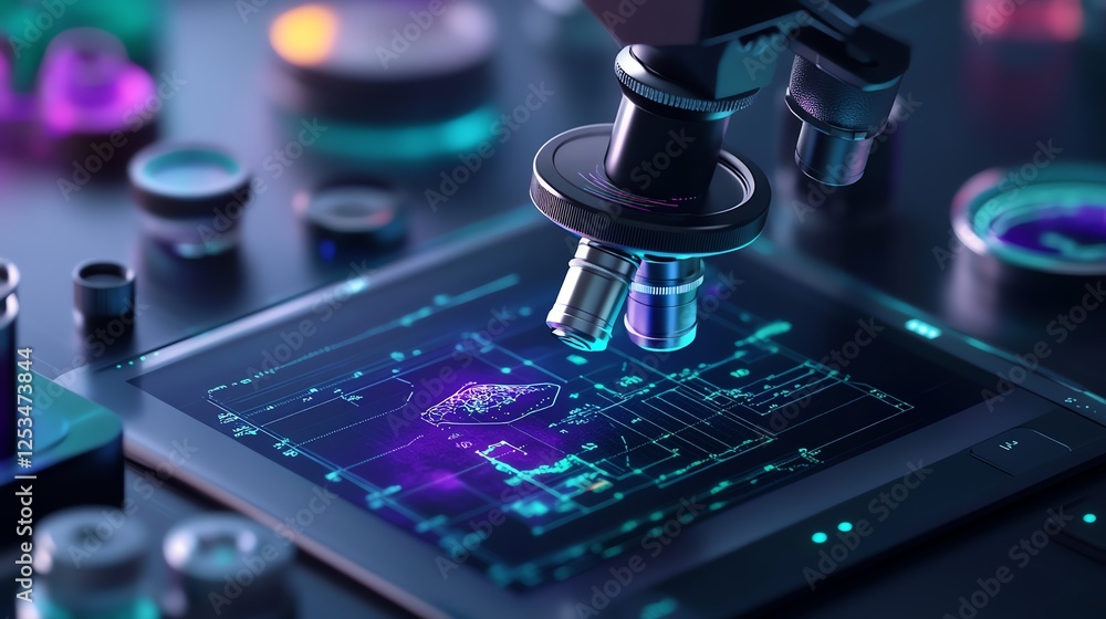 Smart microscope connected to a digital health system, 3D illustration Smart microscope connected to a digital health system, 3D illustration