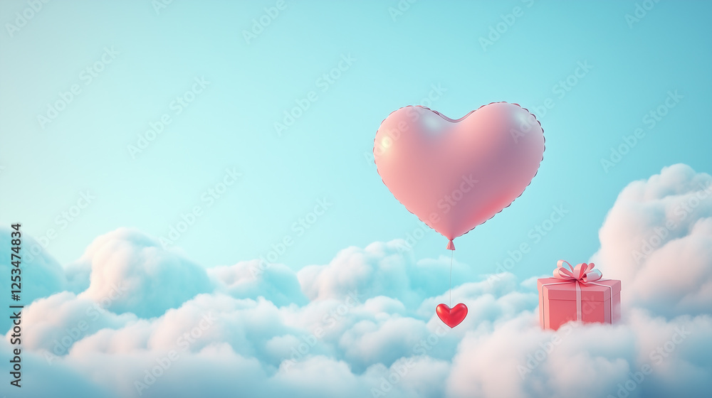 Fototapeta premium Floating heart balloon with a gift box under soft clouds-3