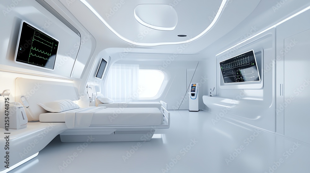 Ultramodern hospital ward with AIpowered patient monitoring devices and robotic bedside assistants Ultramodern hospital ward with AIpowered patient monitoring devices and robotic bedside assistants