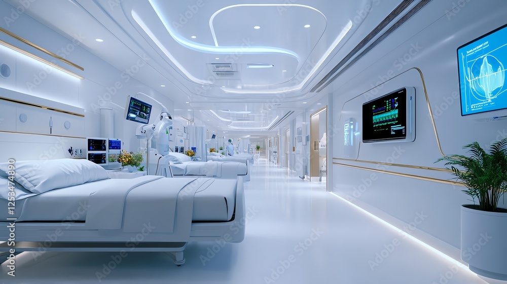 Ultramodern hospital ward with AIpowered patient monitoring devices and robotic bedside assistants Ultramodern hospital ward with AIpowered patient monitoring devices and robotic bedside assistants