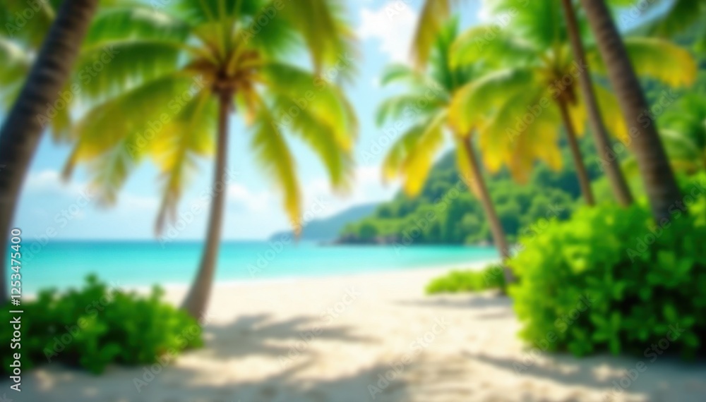 Fototapeta premium Soft focus green park, beach bokeh, tropical coconut trees, bright, summer, coast