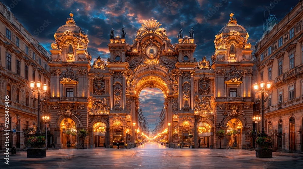 Fototapeta premium Ornate Archway at Dusk, City Streets, Golden Architecture, Evening Scene, Tourist Destination, Background Cityscapes, Potential Stock Photo