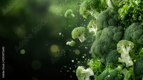 This captivating image captures broccoli splashing amidst a backdrop of greens, symbolizing freshness and the vitality of healthy food choices. photo