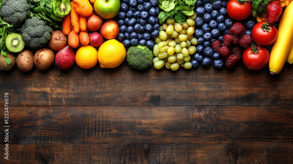 Variety of fresh fruits and vegetables displayed on a rustic wooden table with copy space Variety of fresh fruits and vegetables displayed on a rustic wooden table with copy space