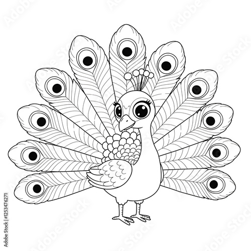 Cute, outlined peacock design perfect for coloring books.