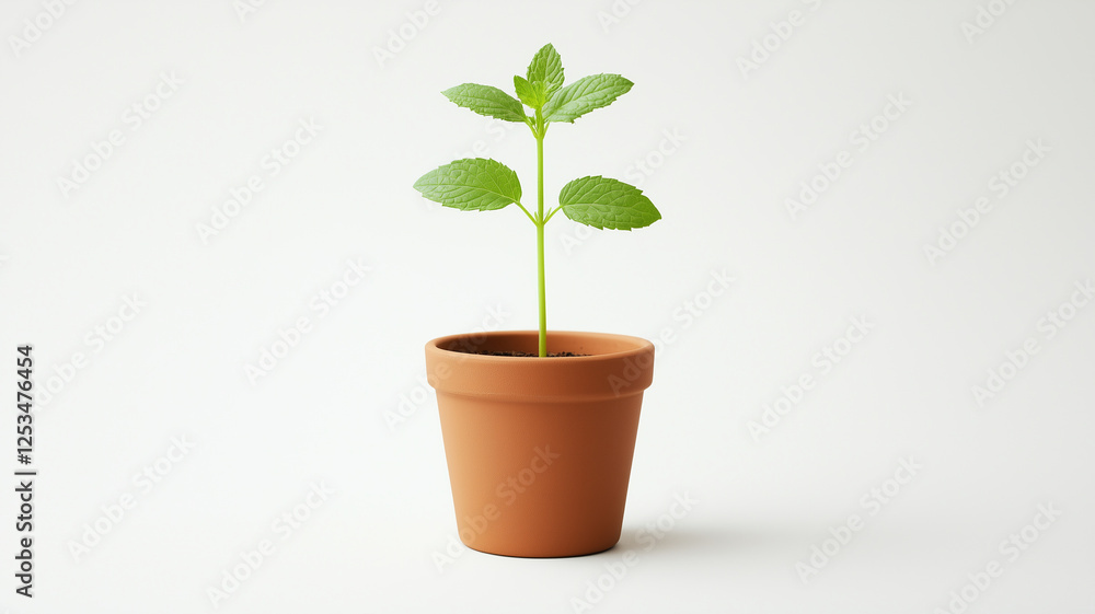 small green plant growing in terracotta pot, symbolizing growth and renewal. vibrant leaves and simple design create fresh and inviting atmosphere small green plant growing in terracotta pot, symbolizing growth and renewal. vibrant leaves and simple design create fresh and inviting atmosphere