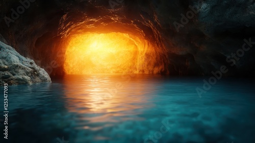 A breathtaking view of an underground cave with turquoise water reflecting a brilliant orange light streaming from the rocky entrance, creating a tranquil setting. photo