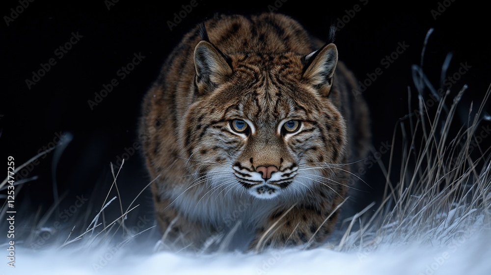 Obraz premium Lynx walking through snow at night in a dark winter wilderness landscape