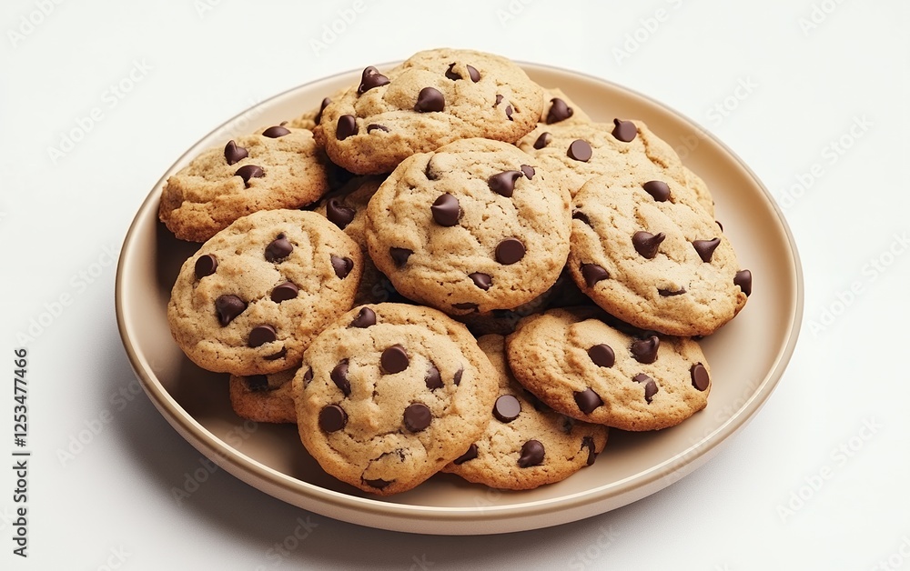Chocolate chip cookies piled on a beige plate with a simple white background Chocolate chip cookies piled on a beige plate with a simple white background