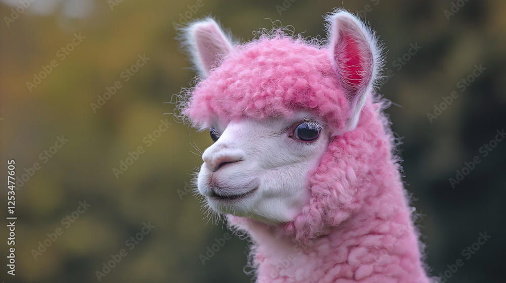 Adorable pink alpaca in a dreamy floral landscape Adorable pink alpaca in a dreamy floral landscape
