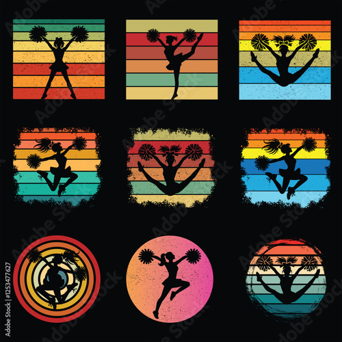 Cheerleading Silhouette With sunset retro illustration Vector, Cheer Sport vintage sunset retro background Bundle