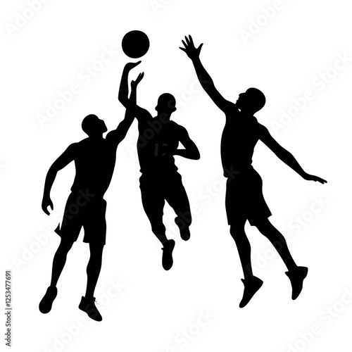 Three basketball players compete for the ball in a dynamic aerial action shot