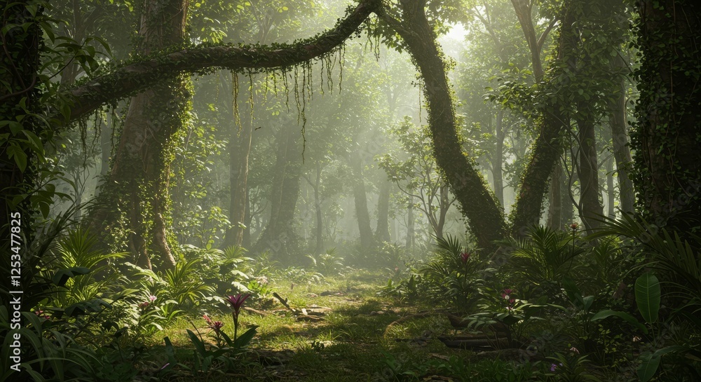 Obraz premium Misty Jungle Path with Lush Greenery and Dense Tree Coverage