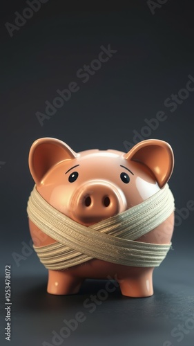 Piggy bank wrapped in elastic bands symbolizing financial constraints and saving challenges photo