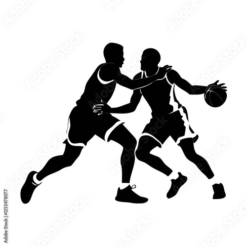 Two basketball players intensely competing for the ball in a dynamic silhouette illustration