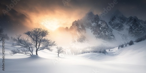 Wallpaper Mural A serene winter landscape featuring snow-covered hills, silhouetted trees, and a dramatic sunset illuminating the mountains in the background. Torontodigital.ca