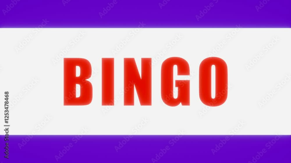Bingo sign. Red letters, white background, purple edges. Bingo game, leisure activity, playing games, online game. 2D animation Bingo sign. Red letters, white background, purple edges. Bingo game, leisure activity, playing games, online game. 2D animation