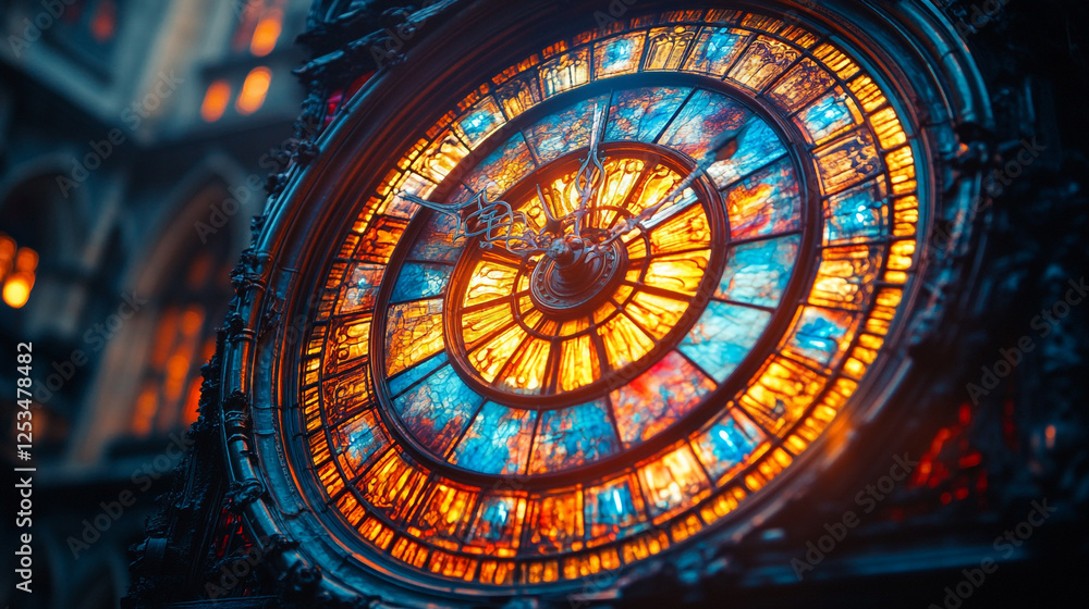 Obraz premium Stained glass clock displays intricate design and vibrant colors in historic setting