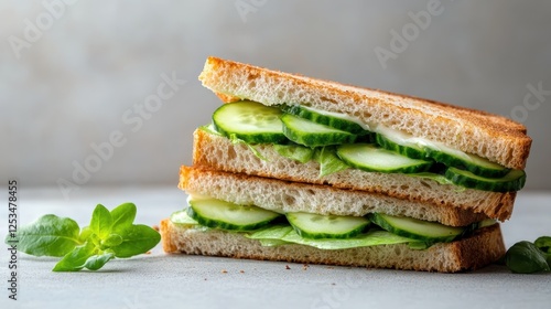 A tasty double-layered cucumber sandwich featuring fresh ingredients, perfect for a healthy meal, well-suited for food blogs, cookbooks, and culinary illustrations. photo