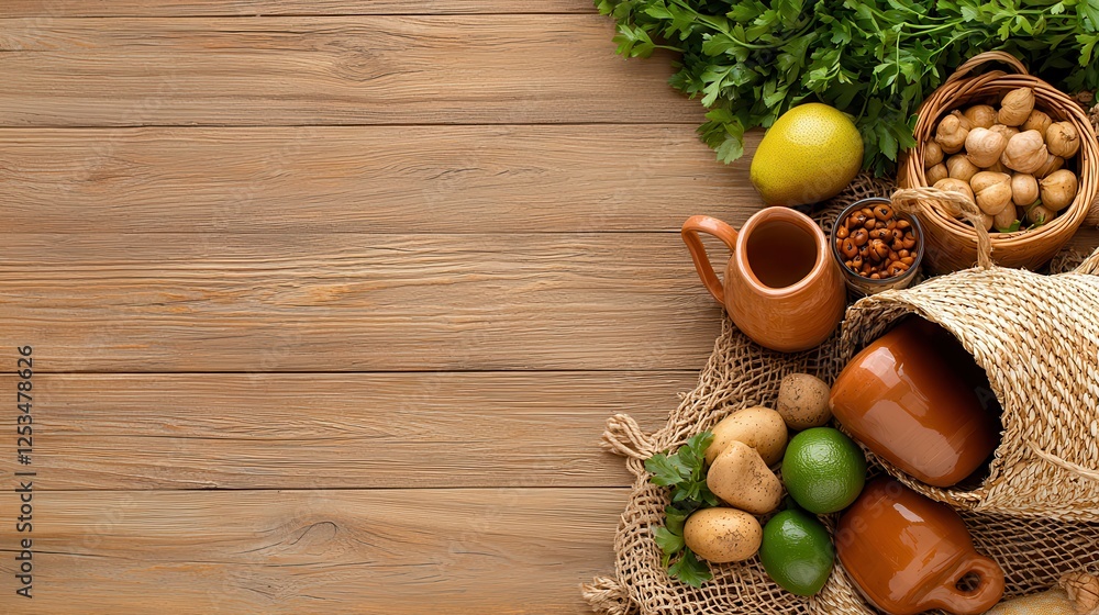 handcrafted goods display. Fresh produce and rustic utensils on a wooden surface. handcrafted goods display. Fresh produce and rustic utensils on a wooden surface.